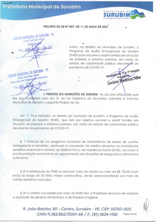 PROJETO DE LEI DO EXECUTIVO Nº 007/2021